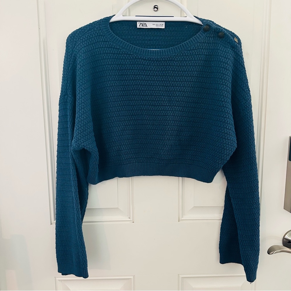 ZARA Sweater L | Blue Crochet Knit Crop Long Sleeve Button Accent